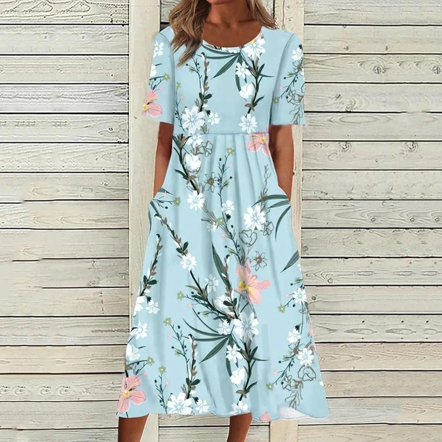 Midi Dresses for Women 2024 Summer Casual Short Sleeve T Shirts Dress Boho Beach Vacation Floral Print Cute Sundress