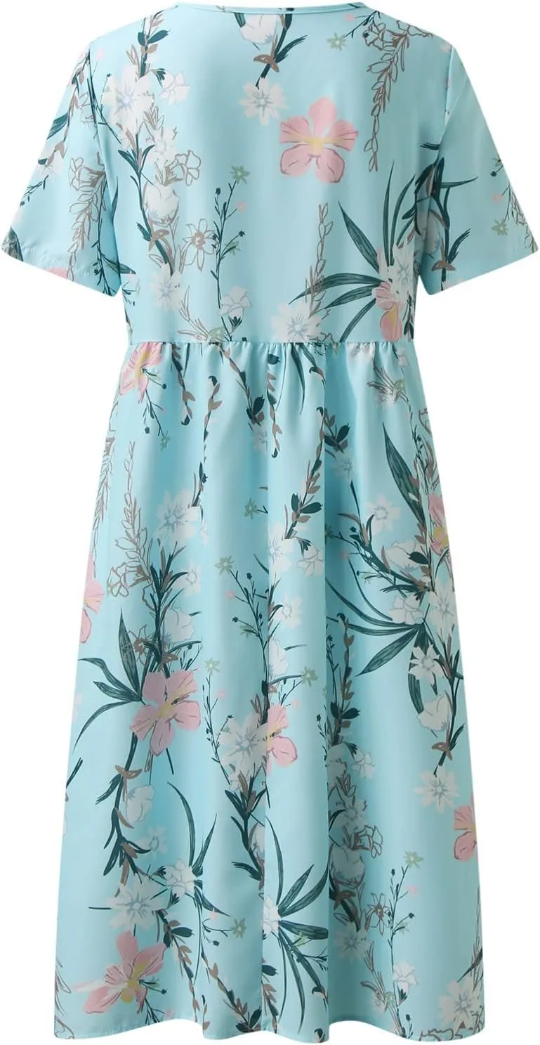 Midi Dresses for Women 2024 Summer Casual Short Sleeve T Shirts Dress Boho Beach Vacation Floral Print Cute Sundress