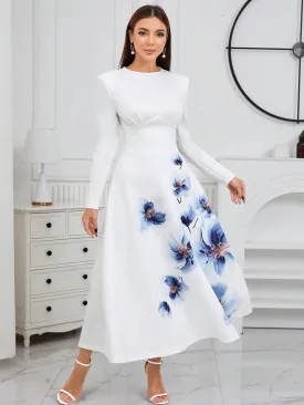 Modely Floral Print Round Neck Long Sleeve A-Line Dress With Belt