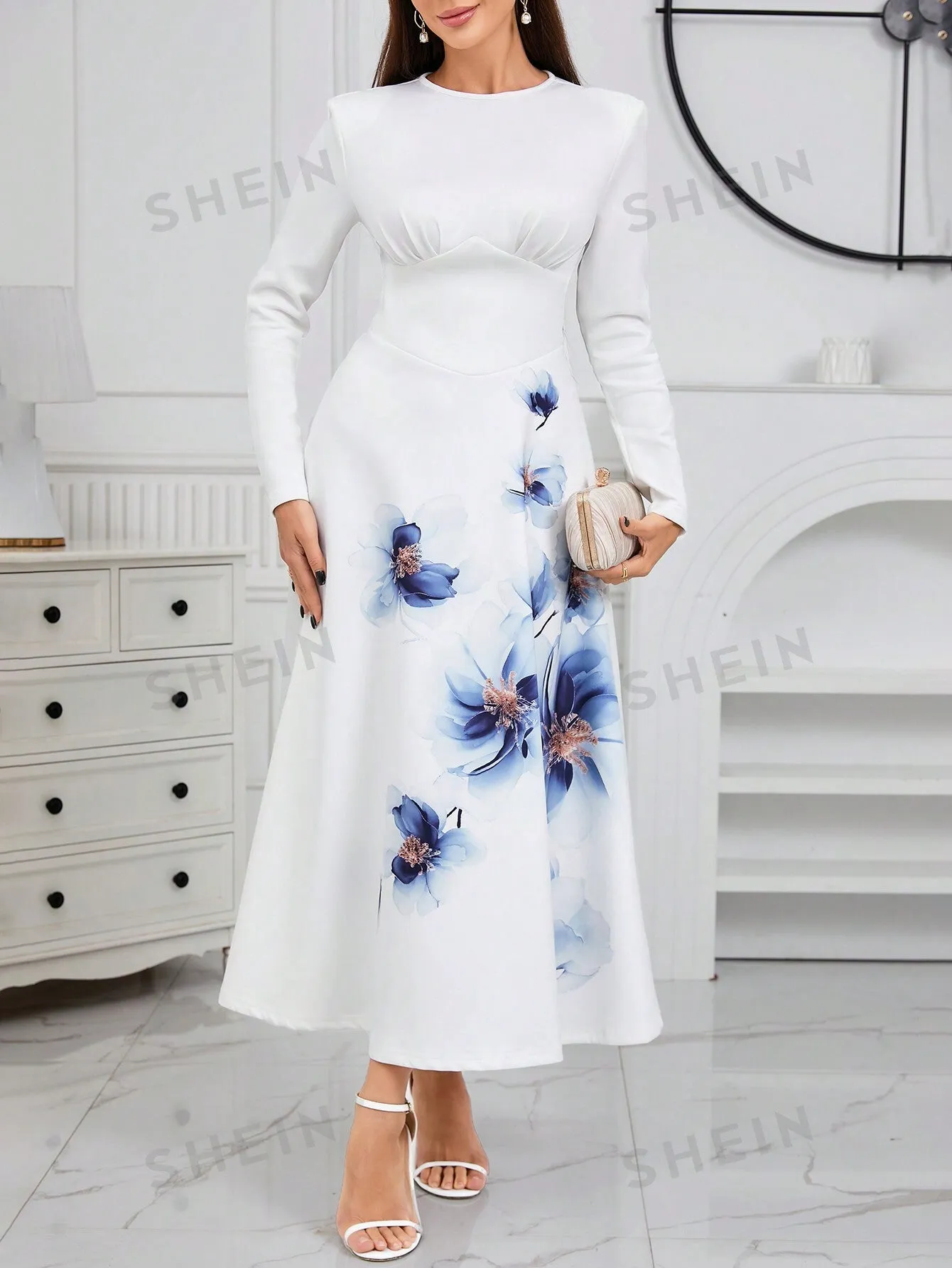 Modely Floral Print Round Neck Long Sleeve A-Line Dress With Belt