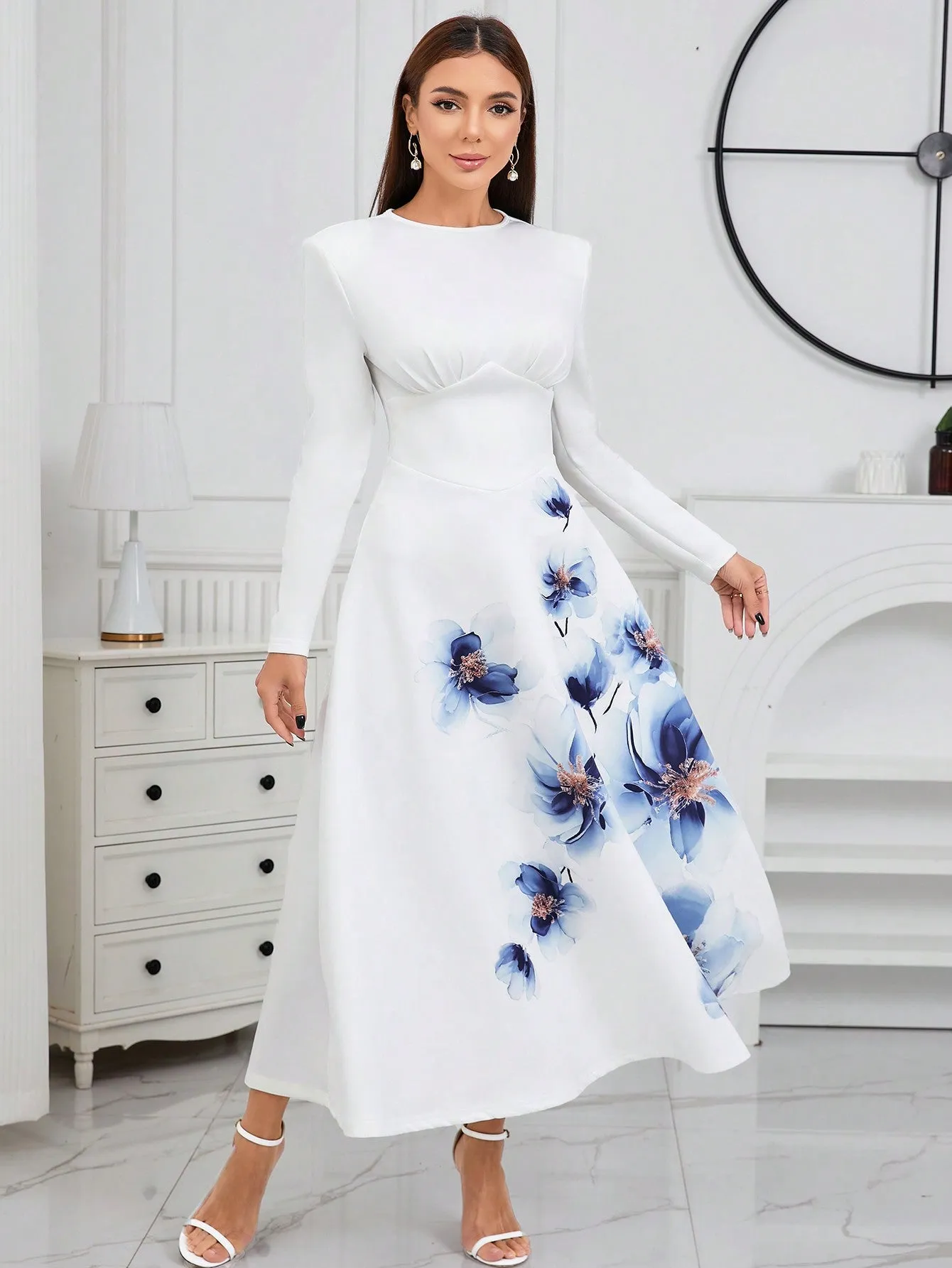 Modely Floral Print Round Neck Long Sleeve A-Line Dress With Belt