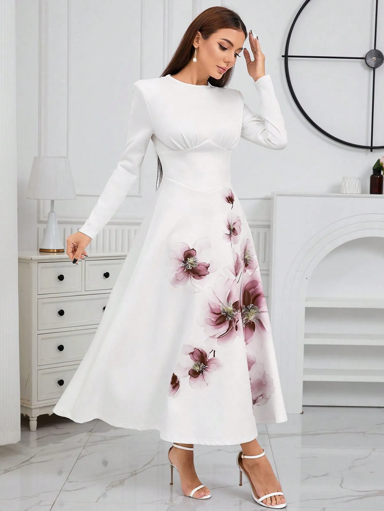 Modely Floral Print Round Neck Long Sleeve A-Line Dress With Belt