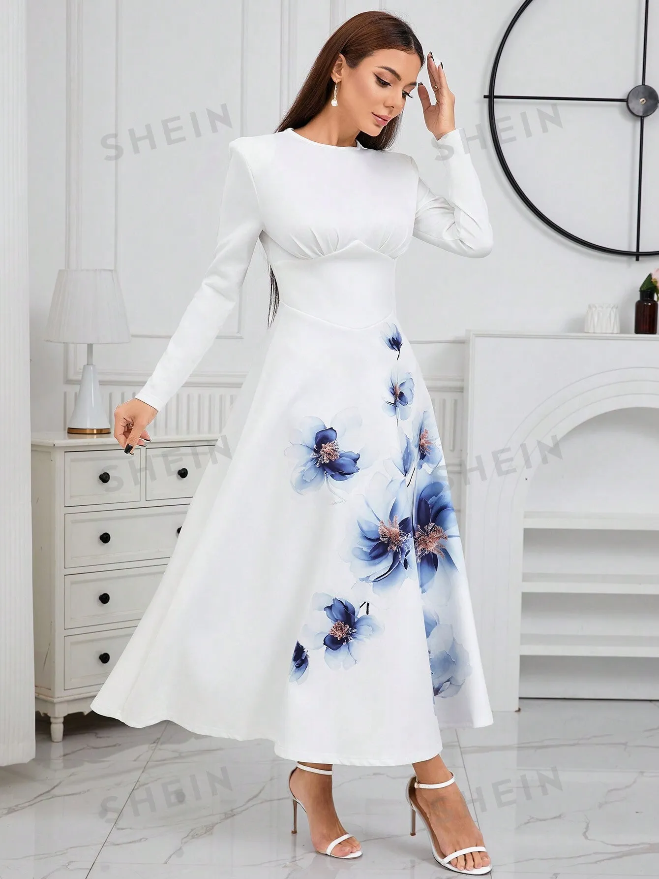 Modely Floral Print Round Neck Long Sleeve A-Line Dress With Belt