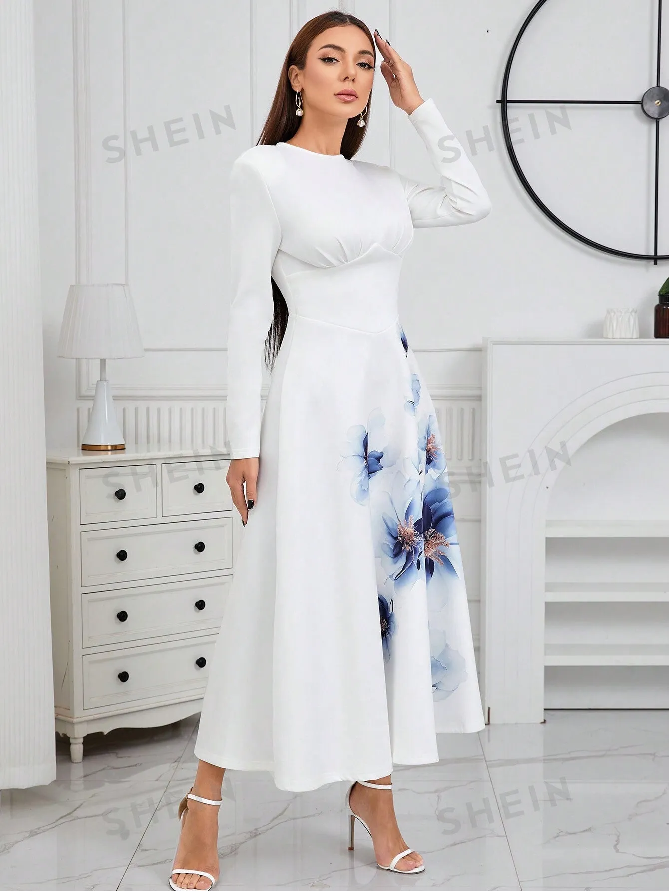 Modely Floral Print Round Neck Long Sleeve A-Line Dress With Belt