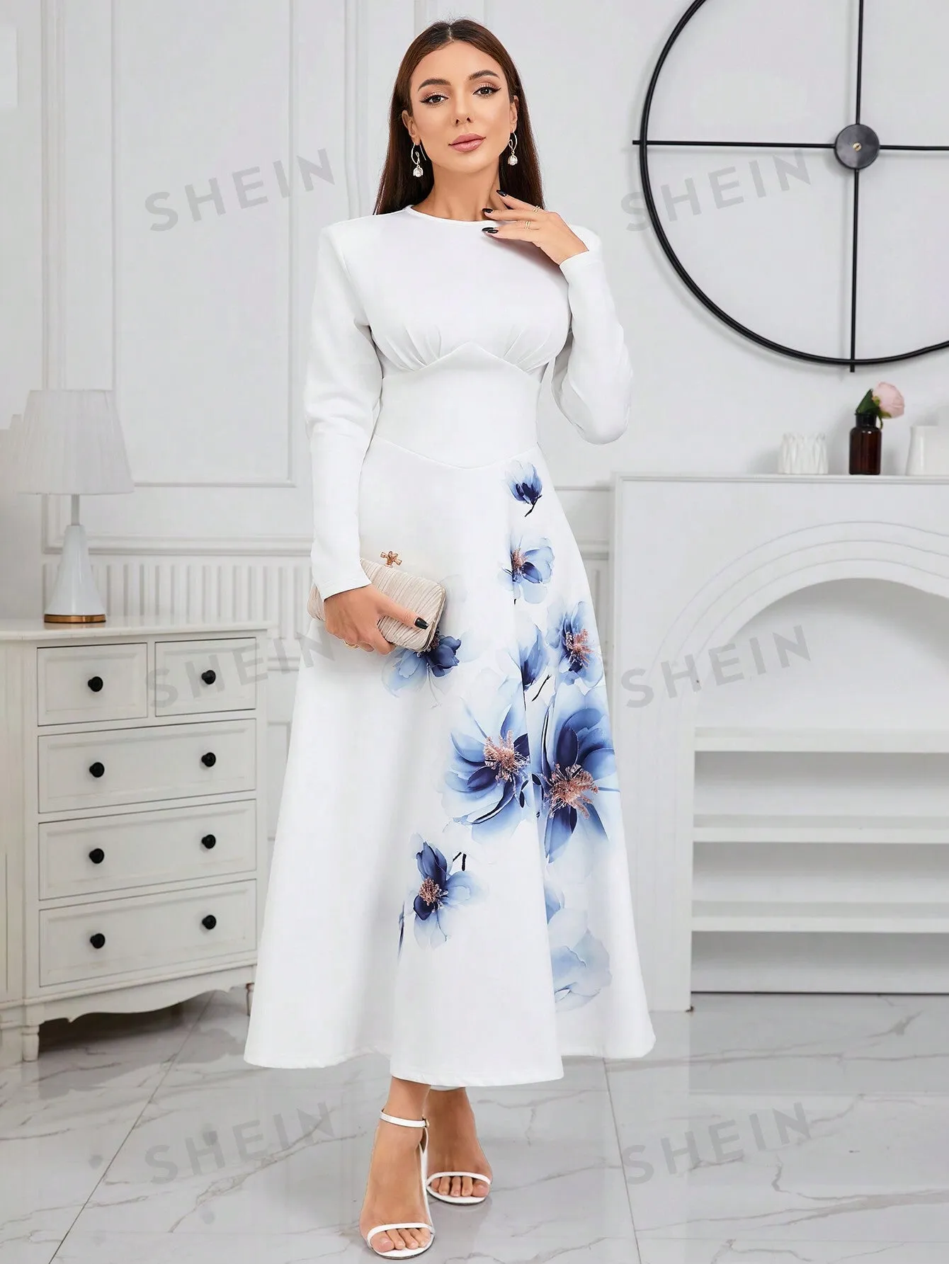 Modely Floral Print Round Neck Long Sleeve A-Line Dress With Belt