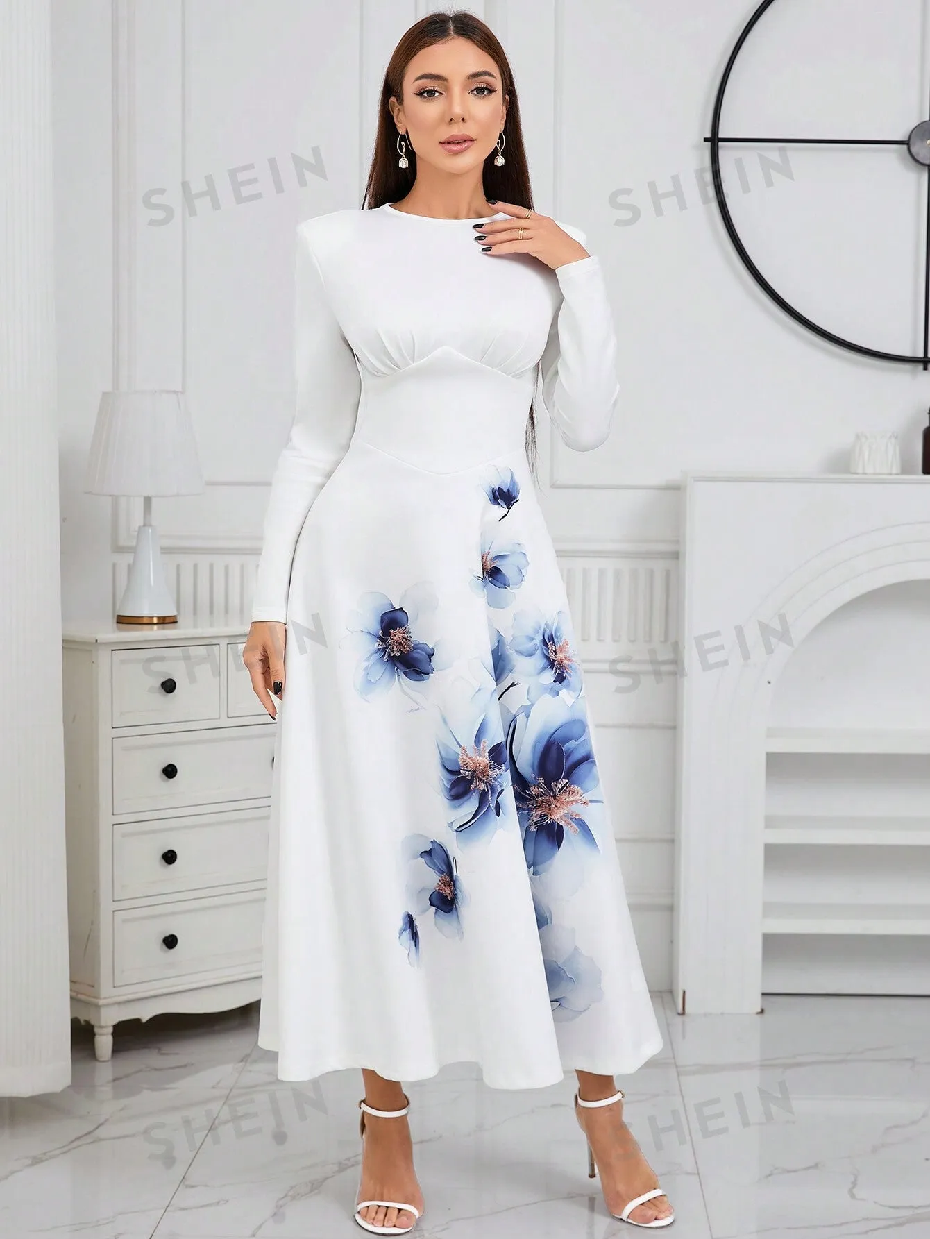 Modely Floral Print Round Neck Long Sleeve A-Line Dress With Belt