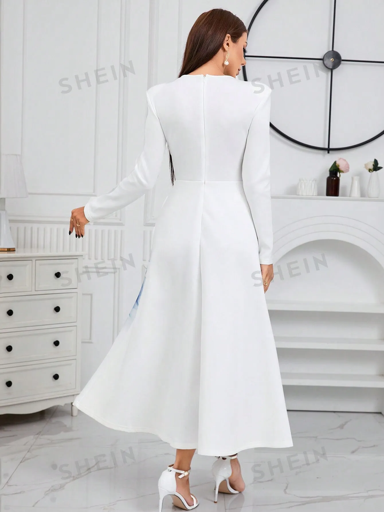 Modely Floral Print Round Neck Long Sleeve A-Line Dress With Belt