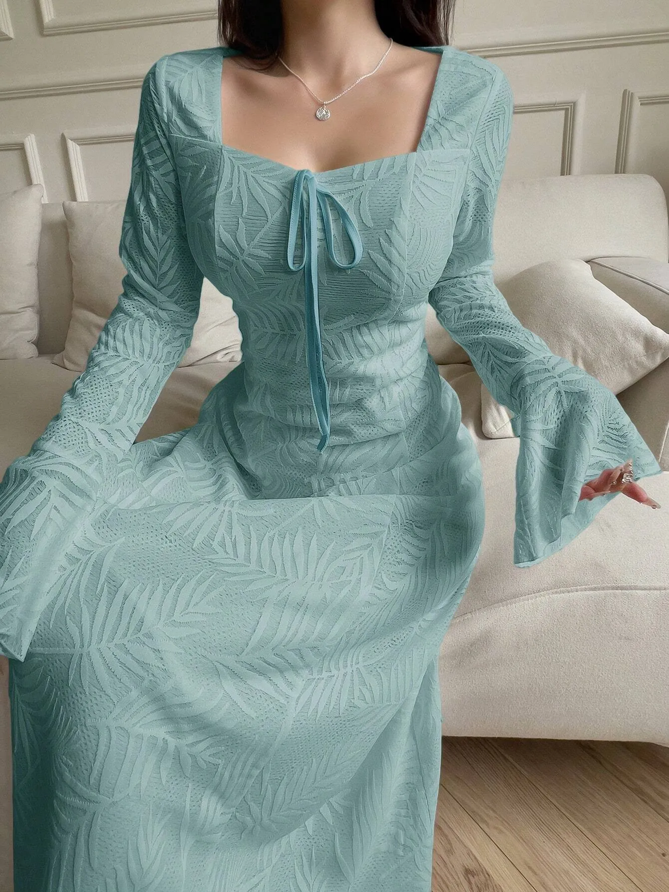 Mulvari Women's Solid Color Square Neck Knotted Elegant Long Sleeve Arabic Dress