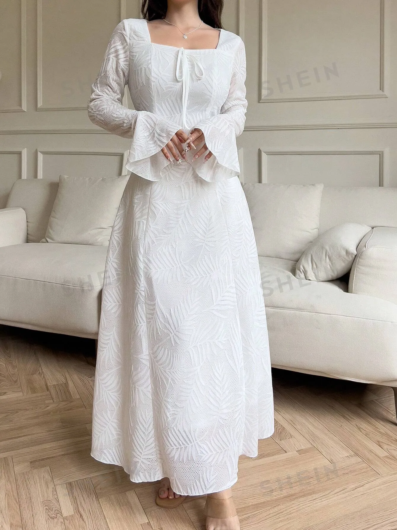 Mulvari Women's Solid Color Square Neck Knotted Elegant Long Sleeve Arabic Dress