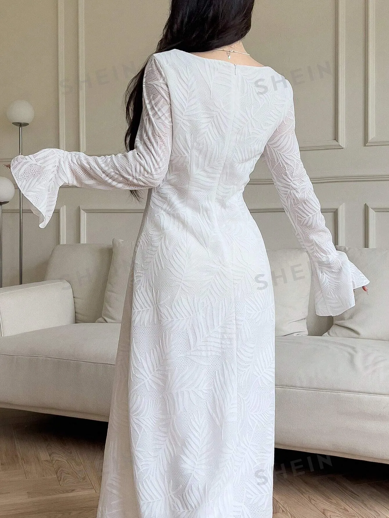Mulvari Women's Solid Color Square Neck Knotted Elegant Long Sleeve Arabic Dress