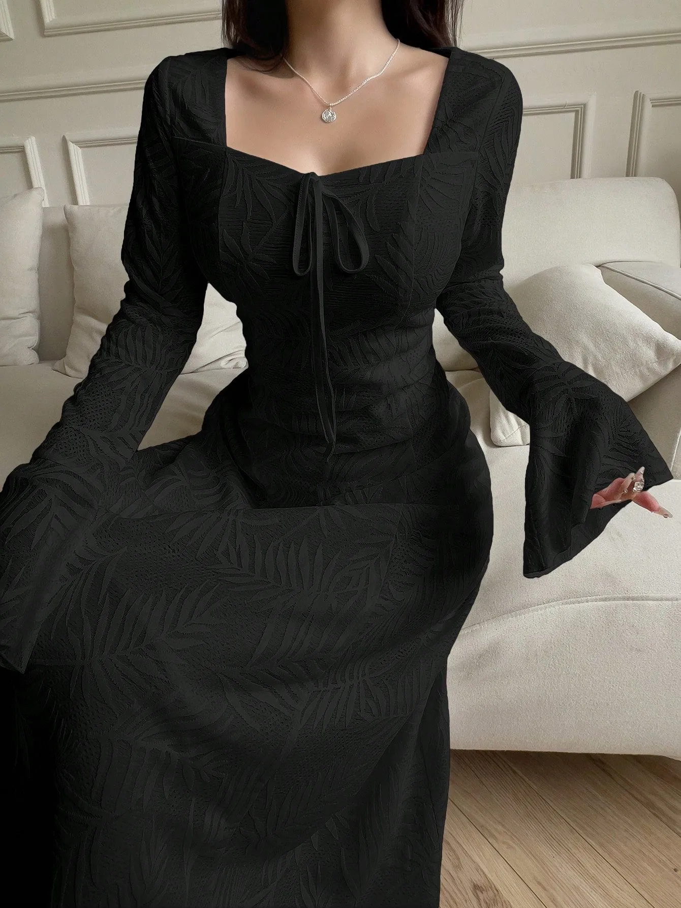 Mulvari Women's Solid Color Square Neck Knotted Elegant Long Sleeve Arabic Dress