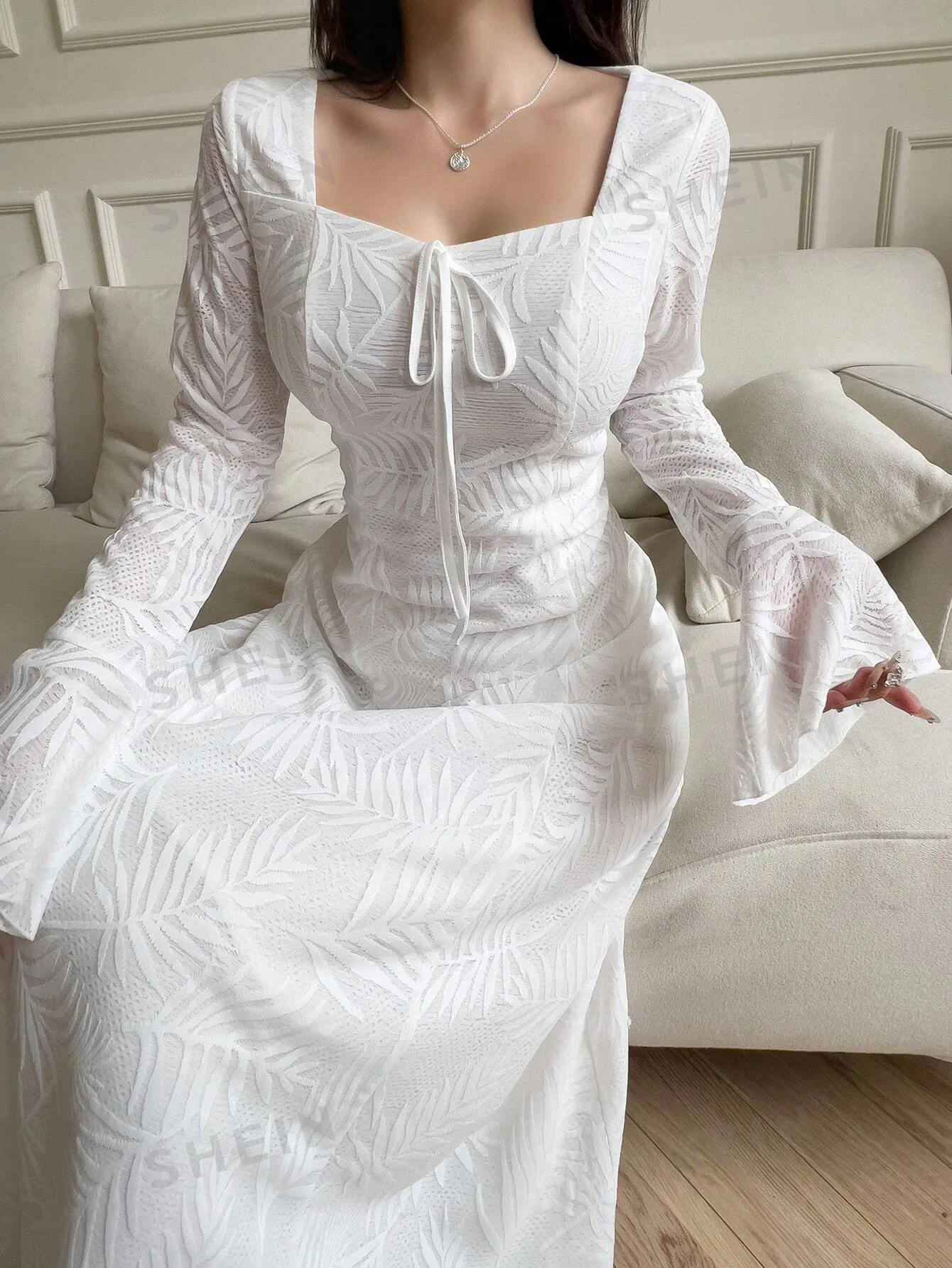 Mulvari Women's Solid Color Square Neck Knotted Elegant Long Sleeve Arabic Dress