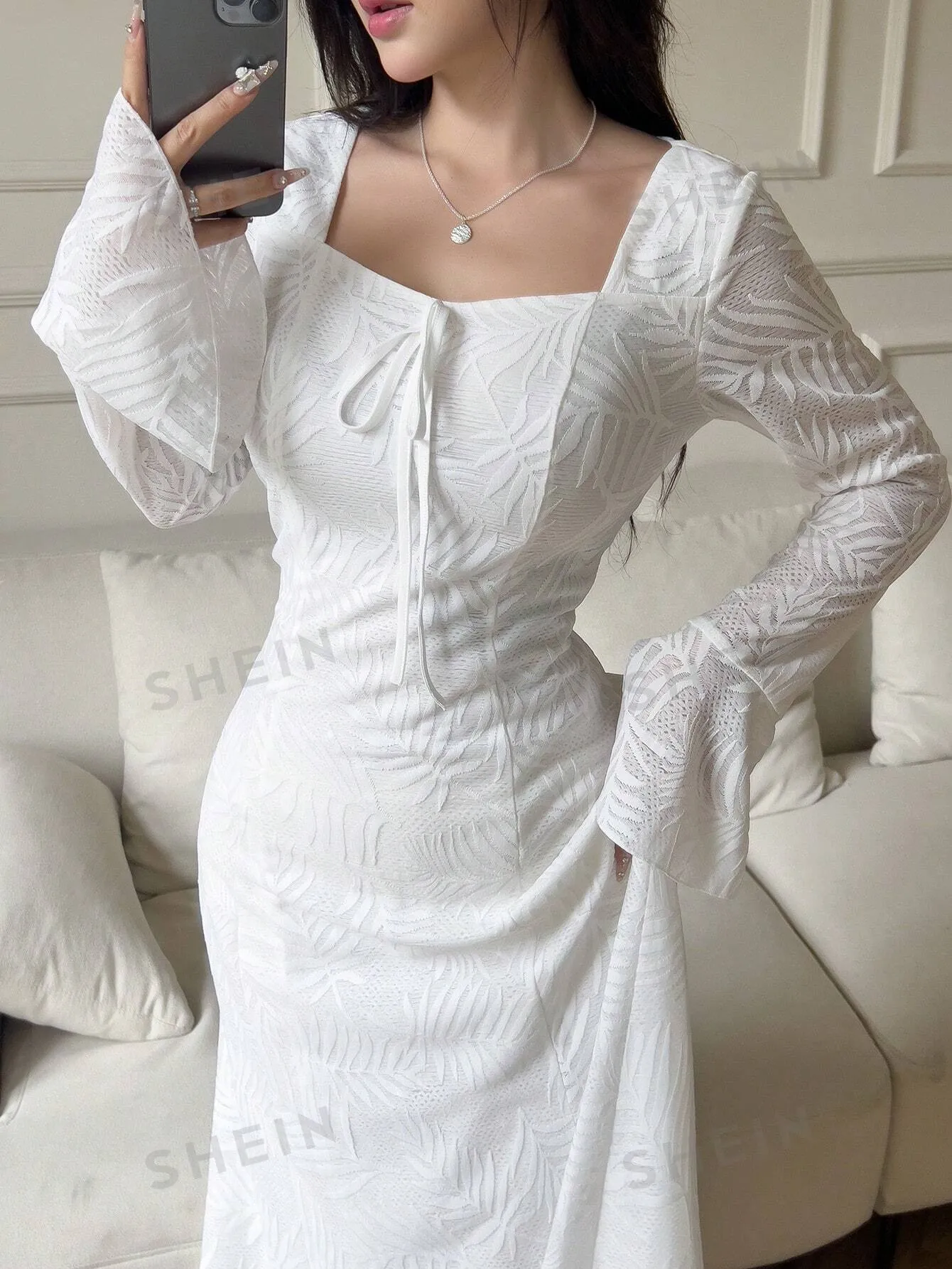 Mulvari Women's Solid Color Square Neck Knotted Elegant Long Sleeve Arabic Dress
