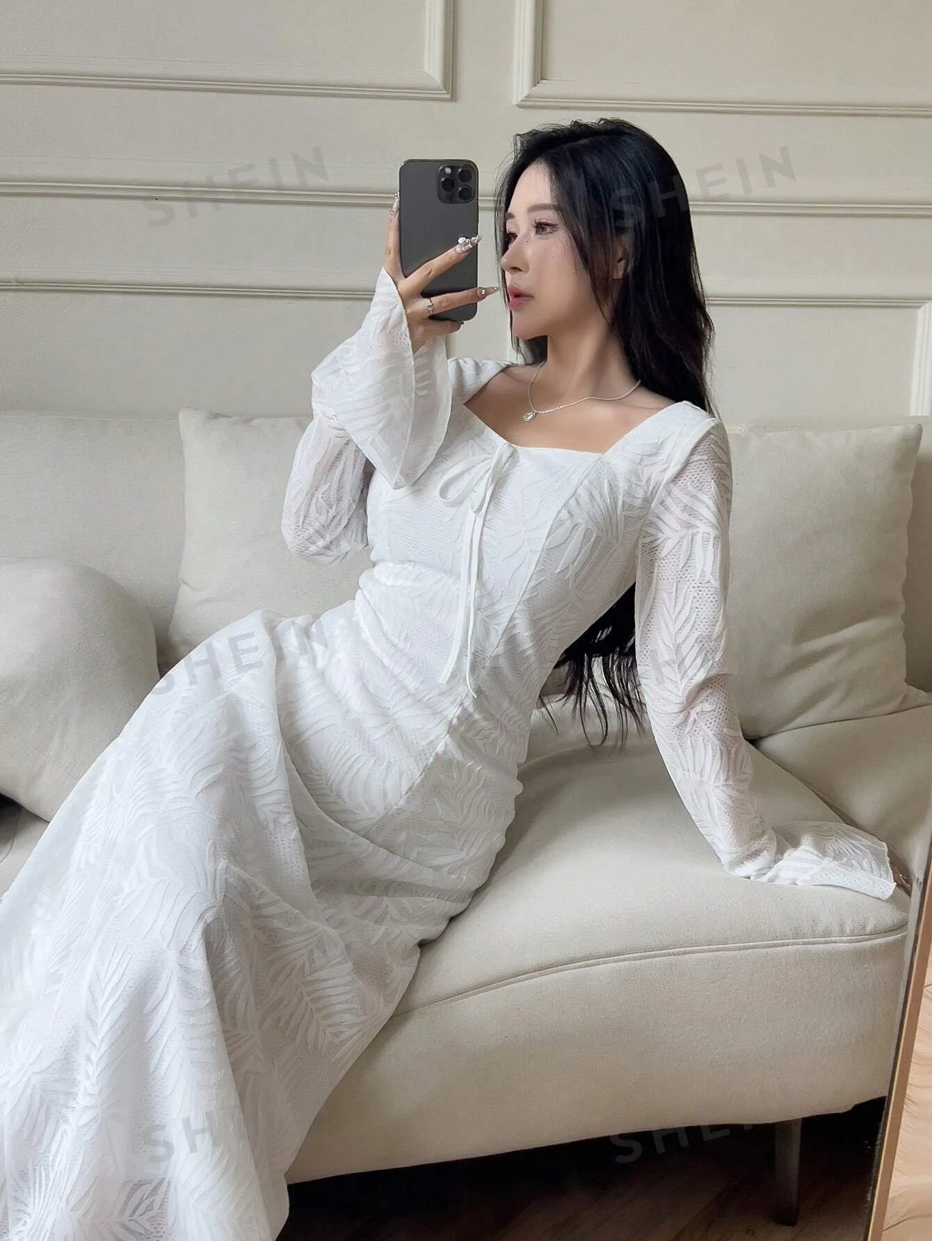Mulvari Women's Solid Color Square Neck Knotted Elegant Long Sleeve Arabic Dress