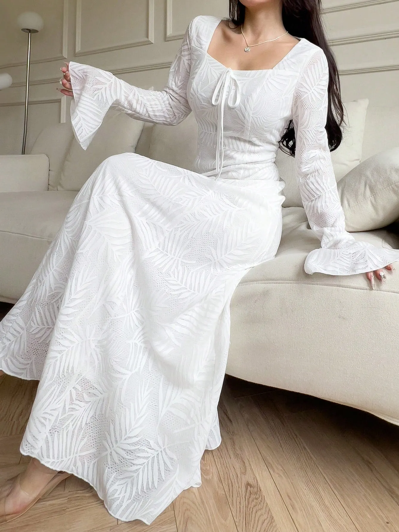 Mulvari Women's Solid Color Square Neck Knotted Elegant Long Sleeve Arabic Dress
