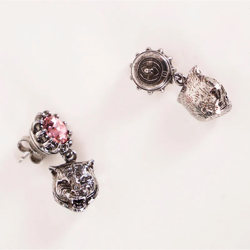 NEW $495 GUCCI Pink Crystal Stud Silver Tone FELINE TIGER CAT Dangle EARRINGS