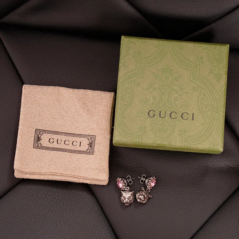 NEW $495 GUCCI Pink Crystal Stud Silver Tone FELINE TIGER CAT Dangle EARRINGS