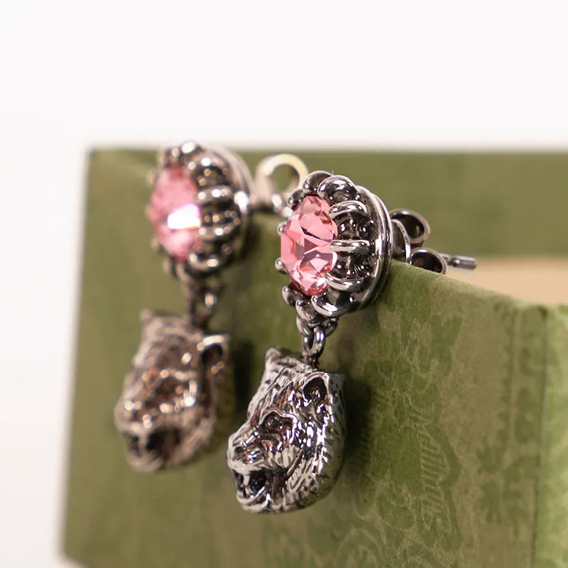 NEW $495 GUCCI Pink Crystal Stud Silver Tone FELINE TIGER CAT Dangle EARRINGS