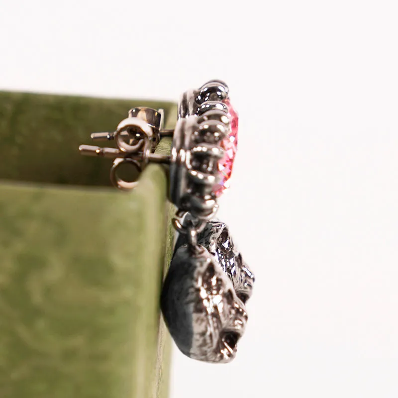 NEW $495 GUCCI Pink Crystal Stud Silver Tone FELINE TIGER CAT Dangle EARRINGS