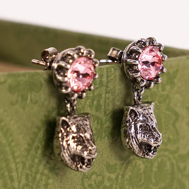 NEW $495 GUCCI Pink Crystal Stud Silver Tone FELINE TIGER CAT Dangle EARRINGS
