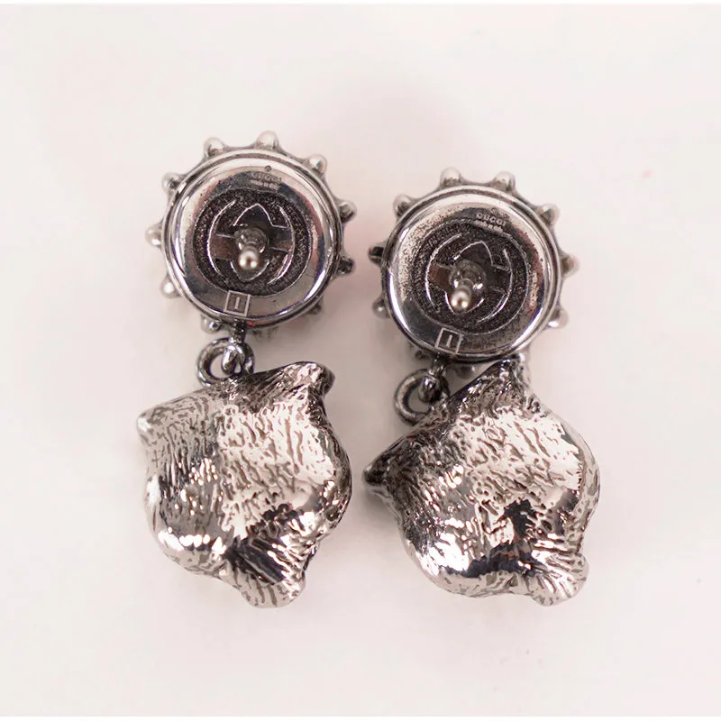 NEW $495 GUCCI Pink Crystal Stud Silver Tone FELINE TIGER CAT Dangle EARRINGS