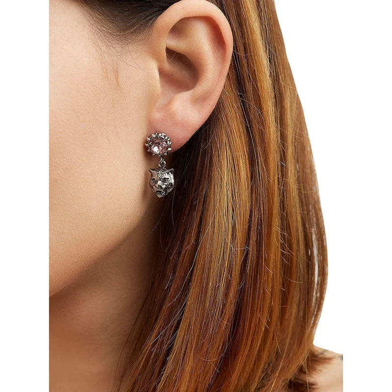 NEW $495 GUCCI Pink Crystal Stud Silver Tone FELINE TIGER CAT Dangle EARRINGS