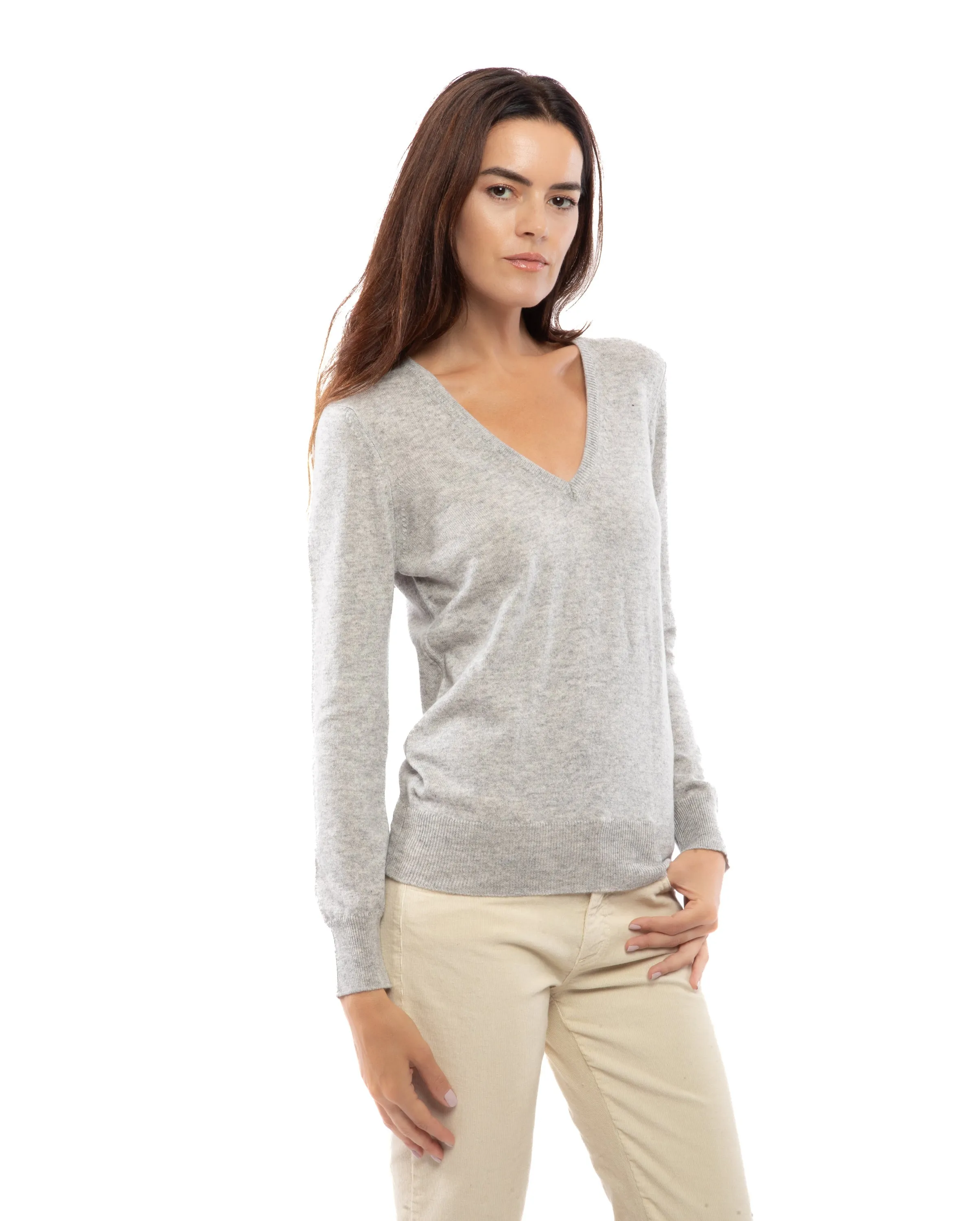 NEW FALL 24 - Women's Pure Cashmere V-Neck Sweater Melange Gray