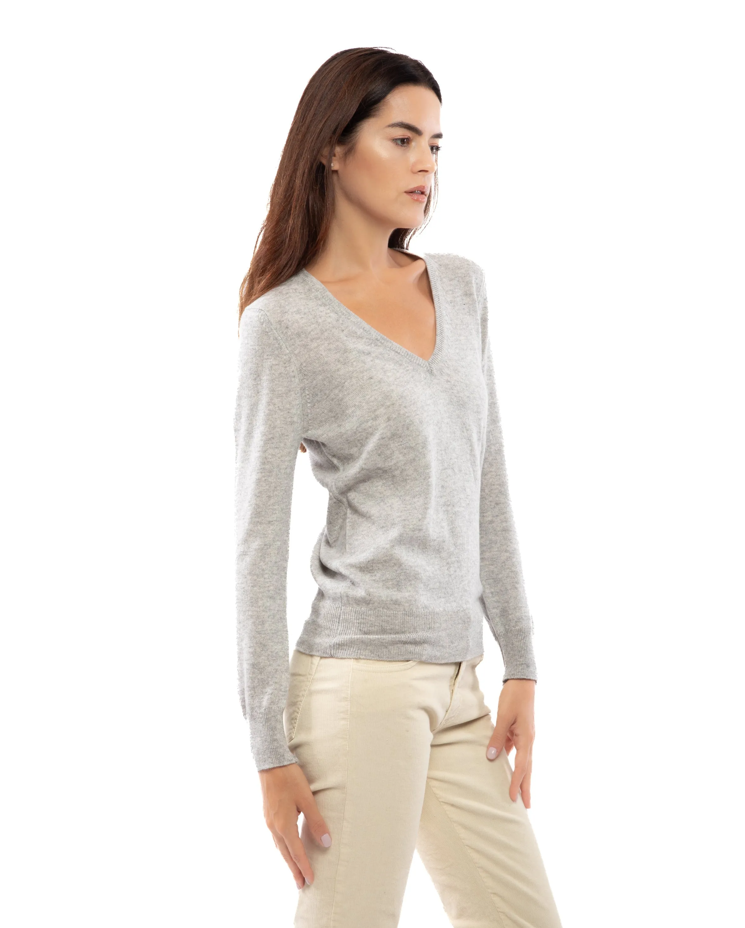 NEW FALL 24 - Women's Pure Cashmere V-Neck Sweater Melange Gray