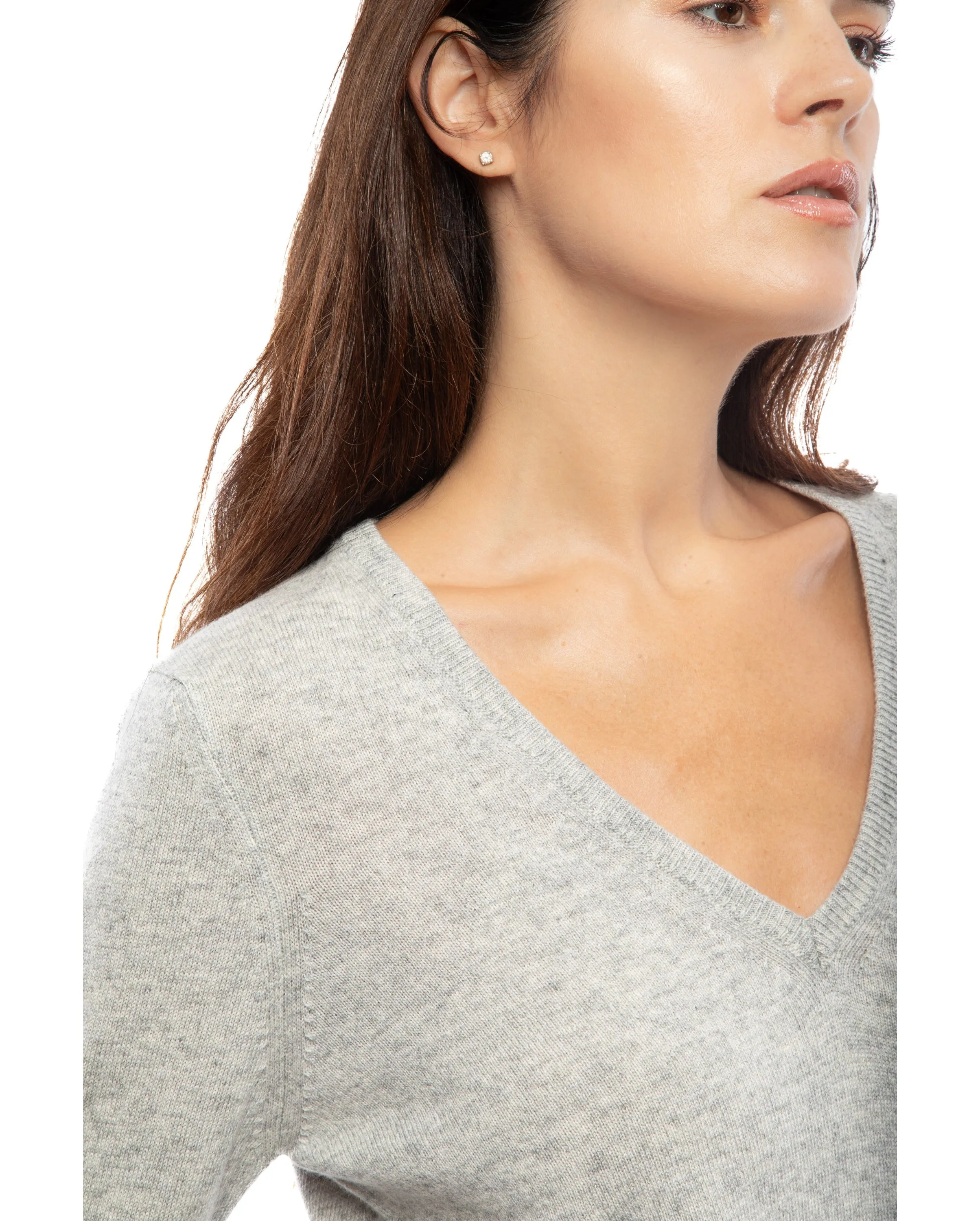 NEW FALL 24 - Women's Pure Cashmere V-Neck Sweater Melange Gray