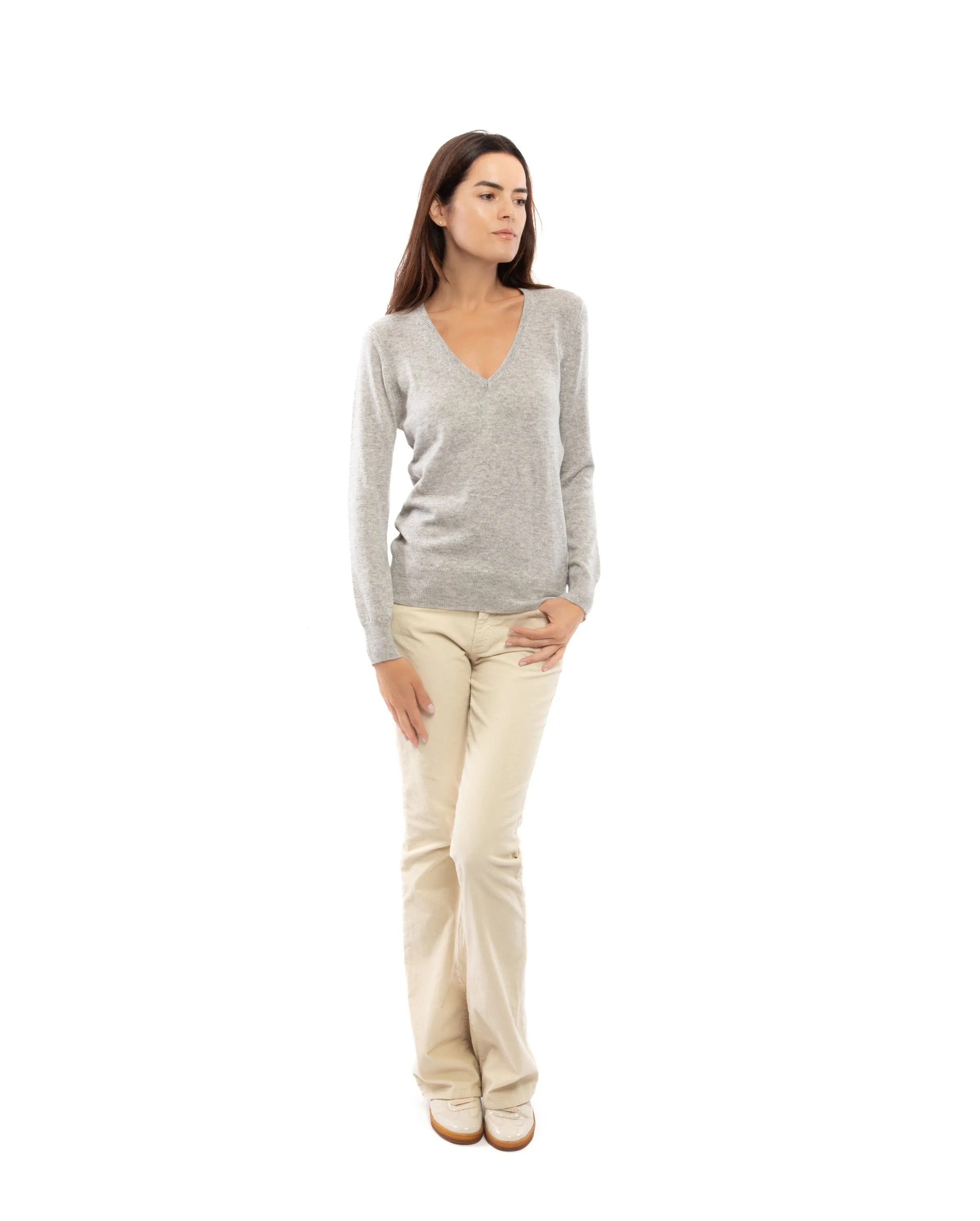 NEW FALL 24 - Women's Pure Cashmere V-Neck Sweater Melange Gray
