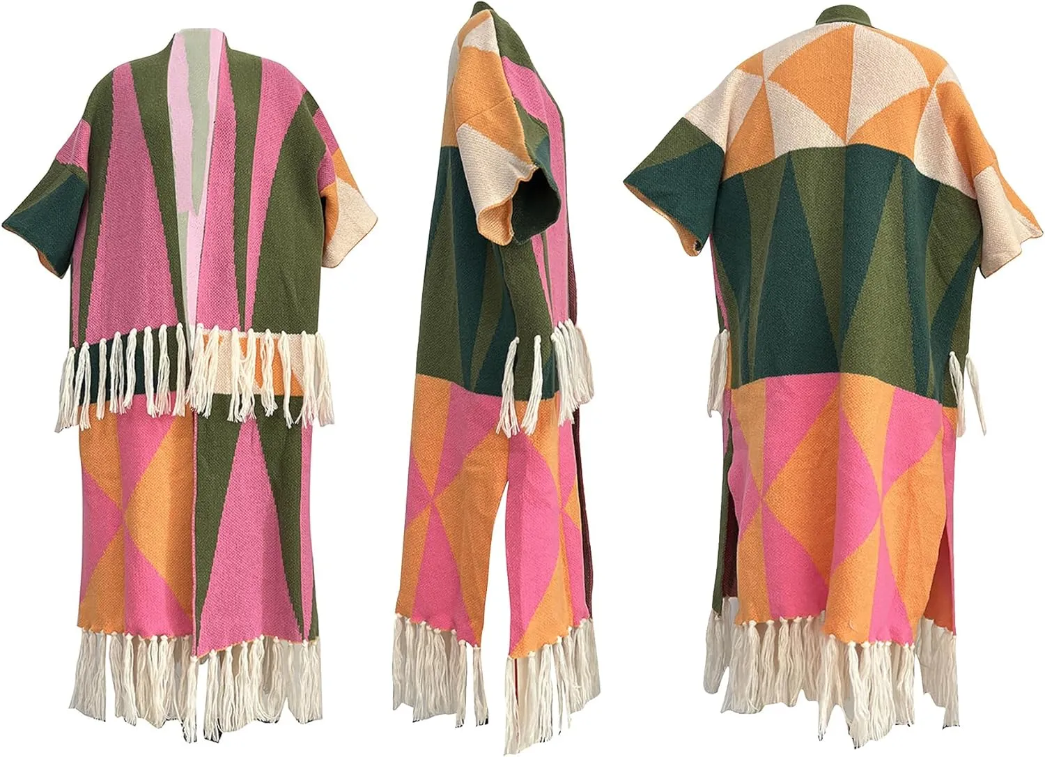 NRTHYE Women's Tassel Sweater Cardigan Open Front Fringe Colorful Long Cardigan Poncho Wrap Sweater