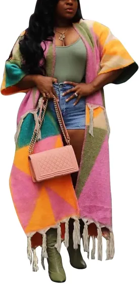 NRTHYE Women's Tassel Sweater Cardigan Open Front Fringe Colorful Long Cardigan Poncho Wrap Sweater