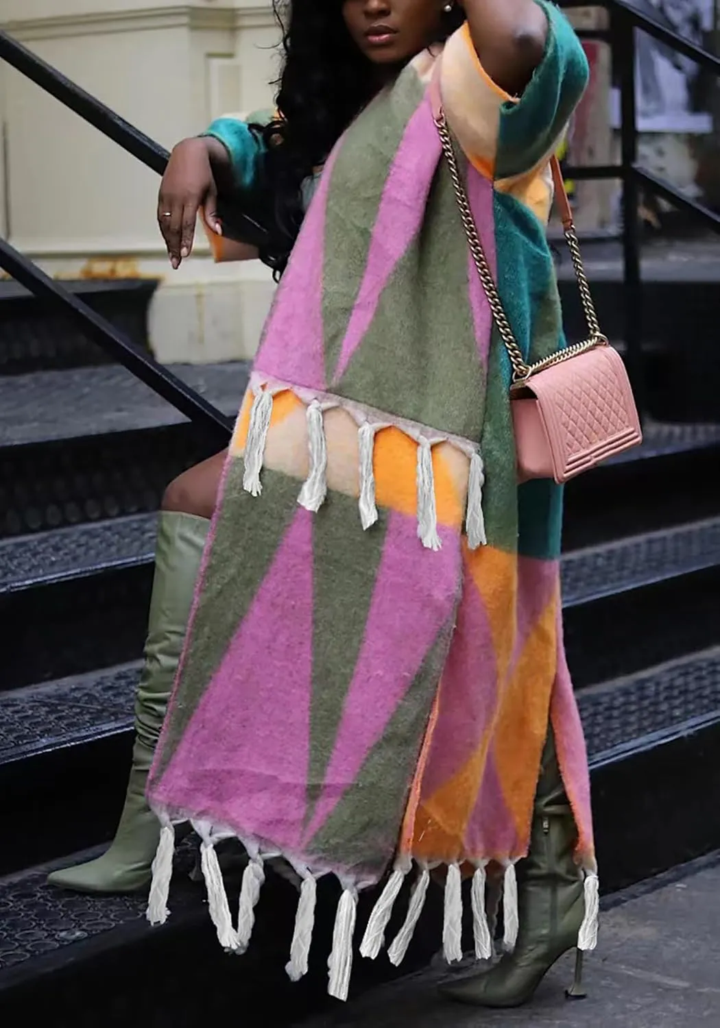NRTHYE Women's Tassel Sweater Cardigan Open Front Fringe Colorful Long Cardigan Poncho Wrap Sweater