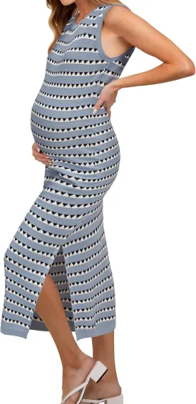 OUGES Women's 2025 Summer Maternity Dress Knit Sleeveless Crewneck Midi Dress Side Slit Striped Bodycon Sweater Dress