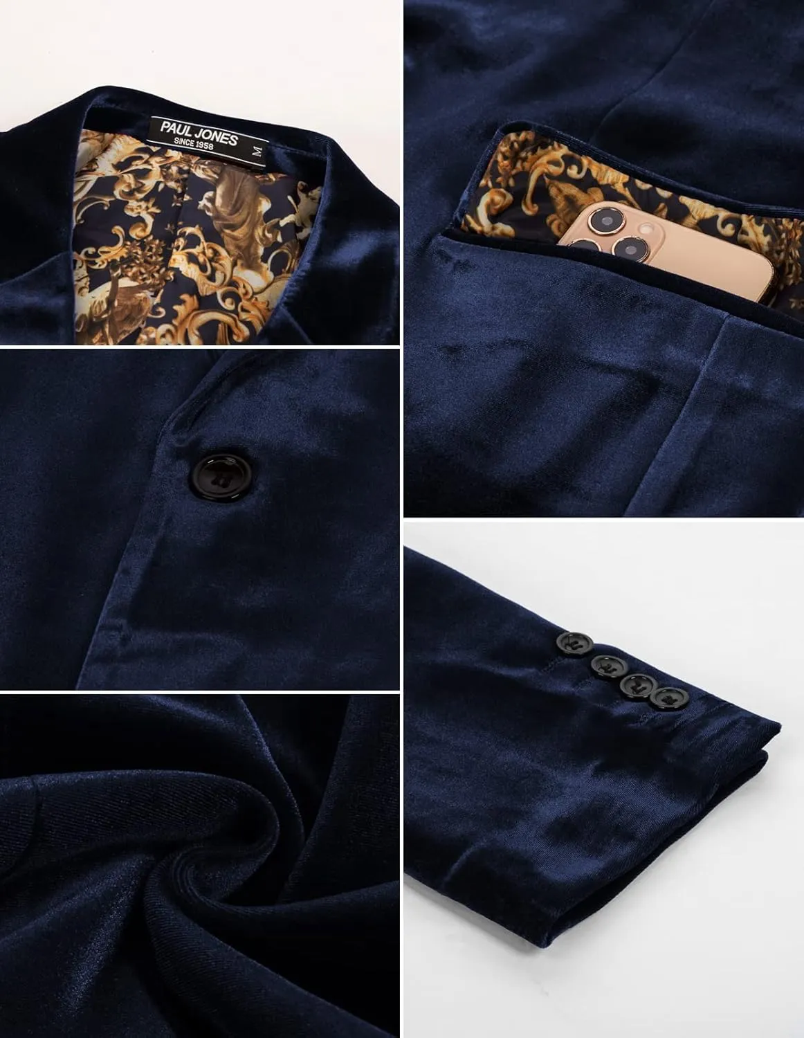 PJ PAUL JONES Mens Velvet Blazer Two Button Sport Coat Solid Slim Fit Suit Jacket for Dinner Prom Wedding