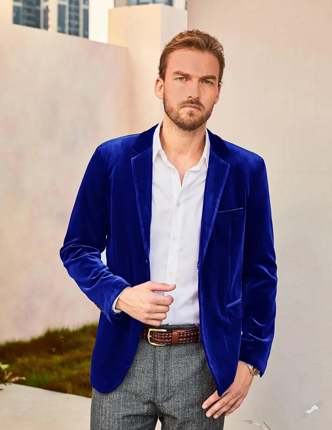 PJ PAUL JONES Mens Velvet Blazer Two Button Sport Coat Solid Slim Fit Suit Jacket for Dinner Prom Wedding