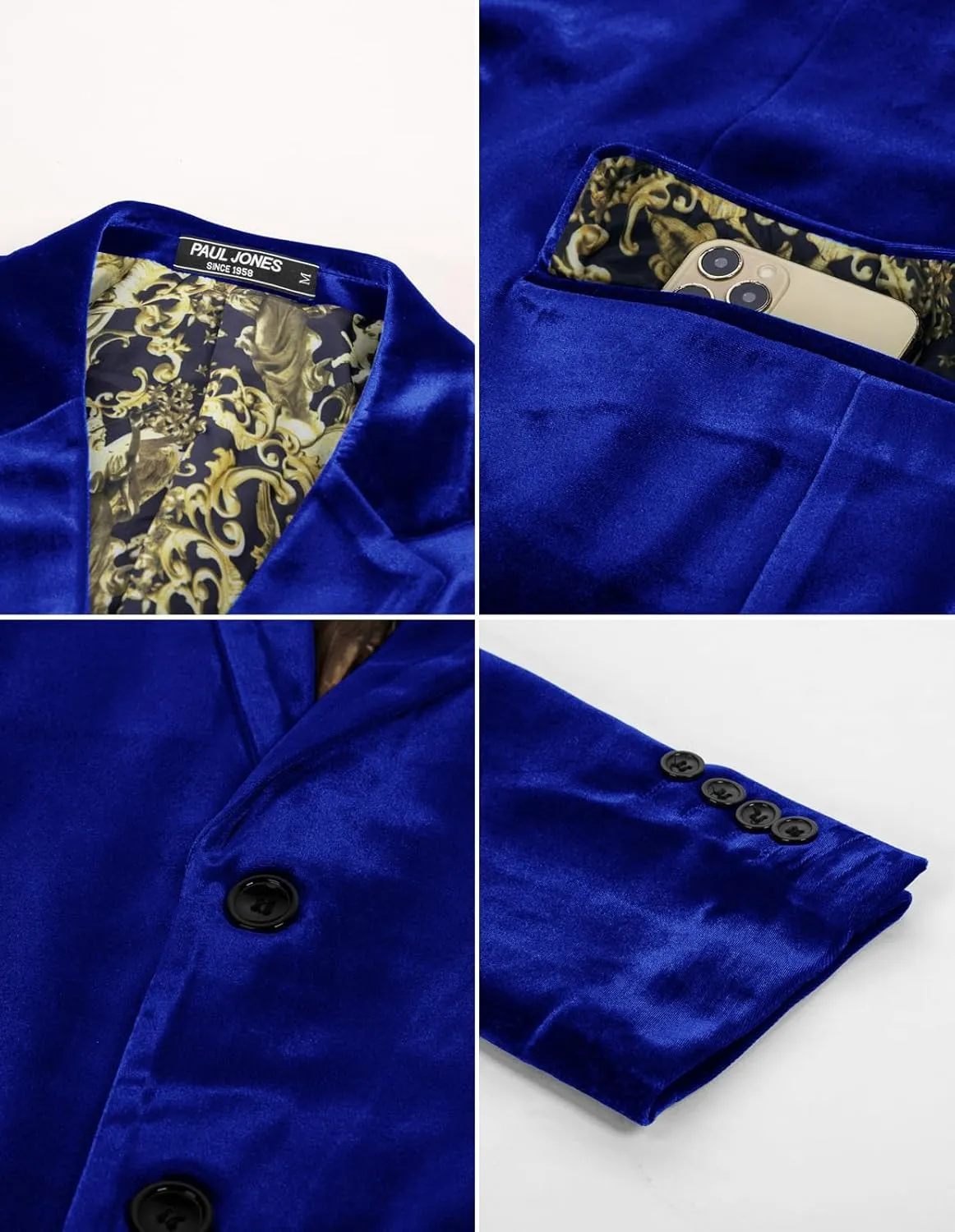 PJ PAUL JONES Mens Velvet Blazer Two Button Sport Coat Solid Slim Fit Suit Jacket for Dinner Prom Wedding