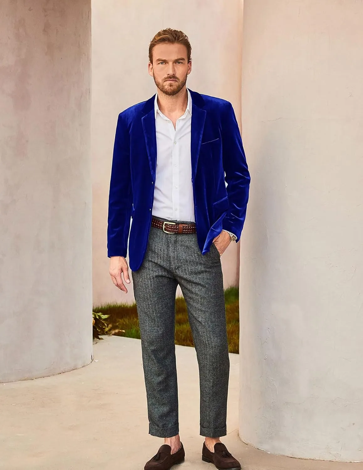 PJ PAUL JONES Mens Velvet Blazer Two Button Sport Coat Solid Slim Fit Suit Jacket for Dinner Prom Wedding
