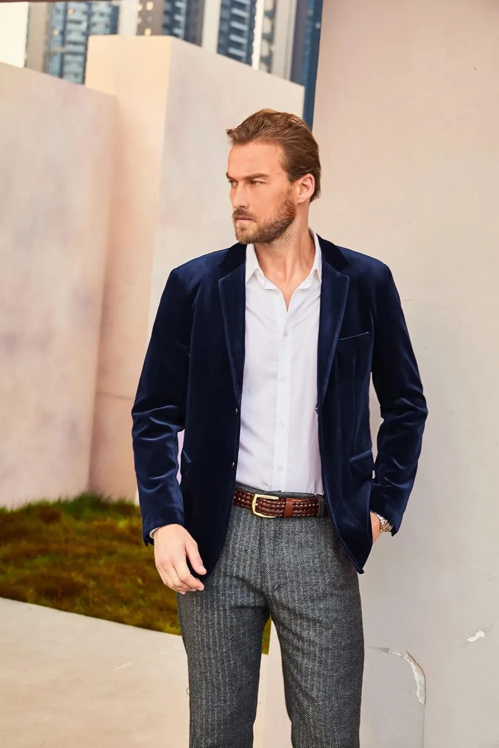 PJ PAUL JONES Mens Velvet Blazer Two Button Sport Coat Solid Slim Fit Suit Jacket for Dinner Prom Wedding