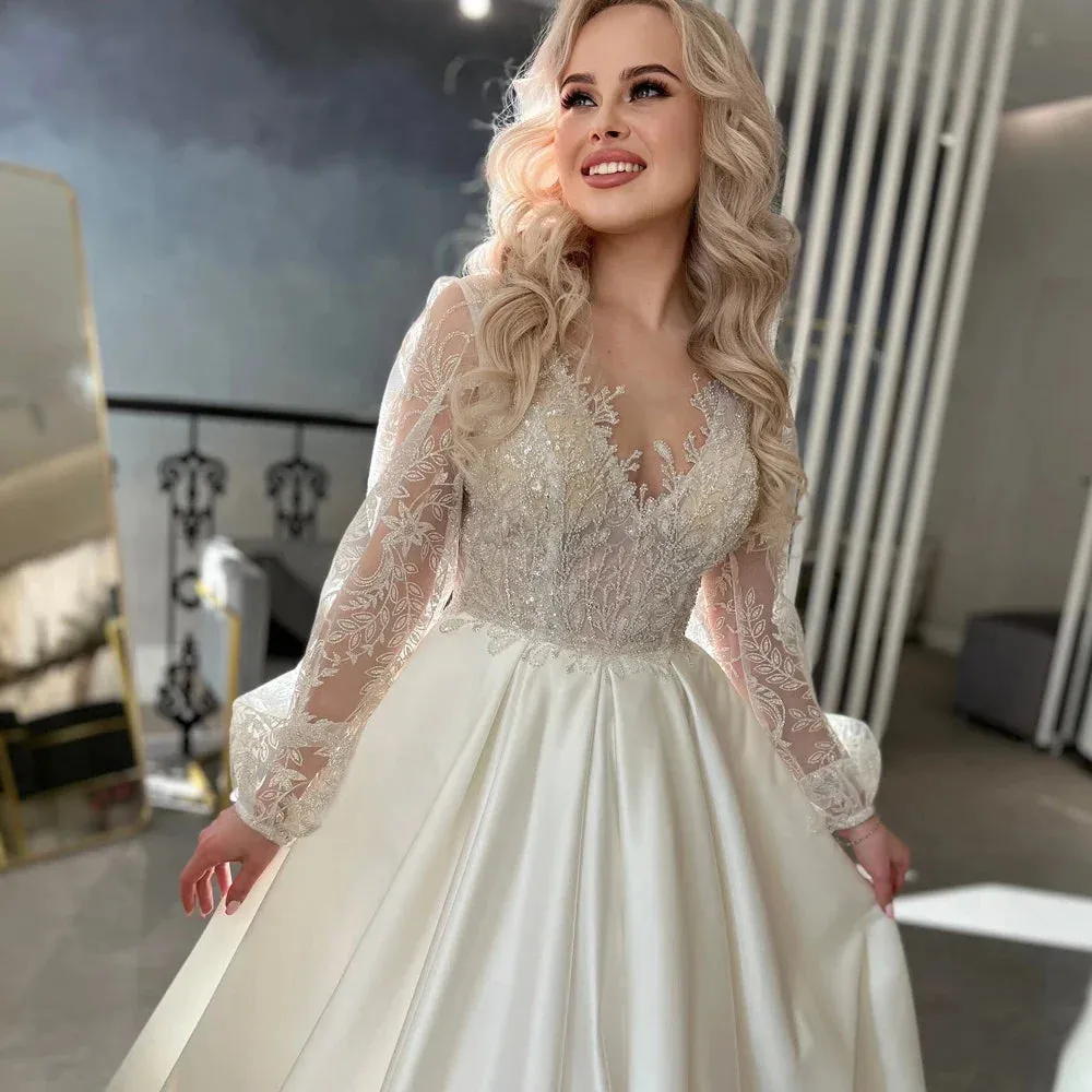Princess Lace Applique Puffy Long Sleeve A-Line Wedding Dress