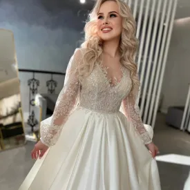Princess Lace Applique Puffy Long Sleeve A-Line Wedding Dress