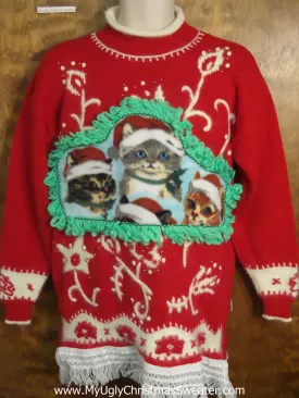 Red and White Patterned with Kittens Ugly Christmas Sweater