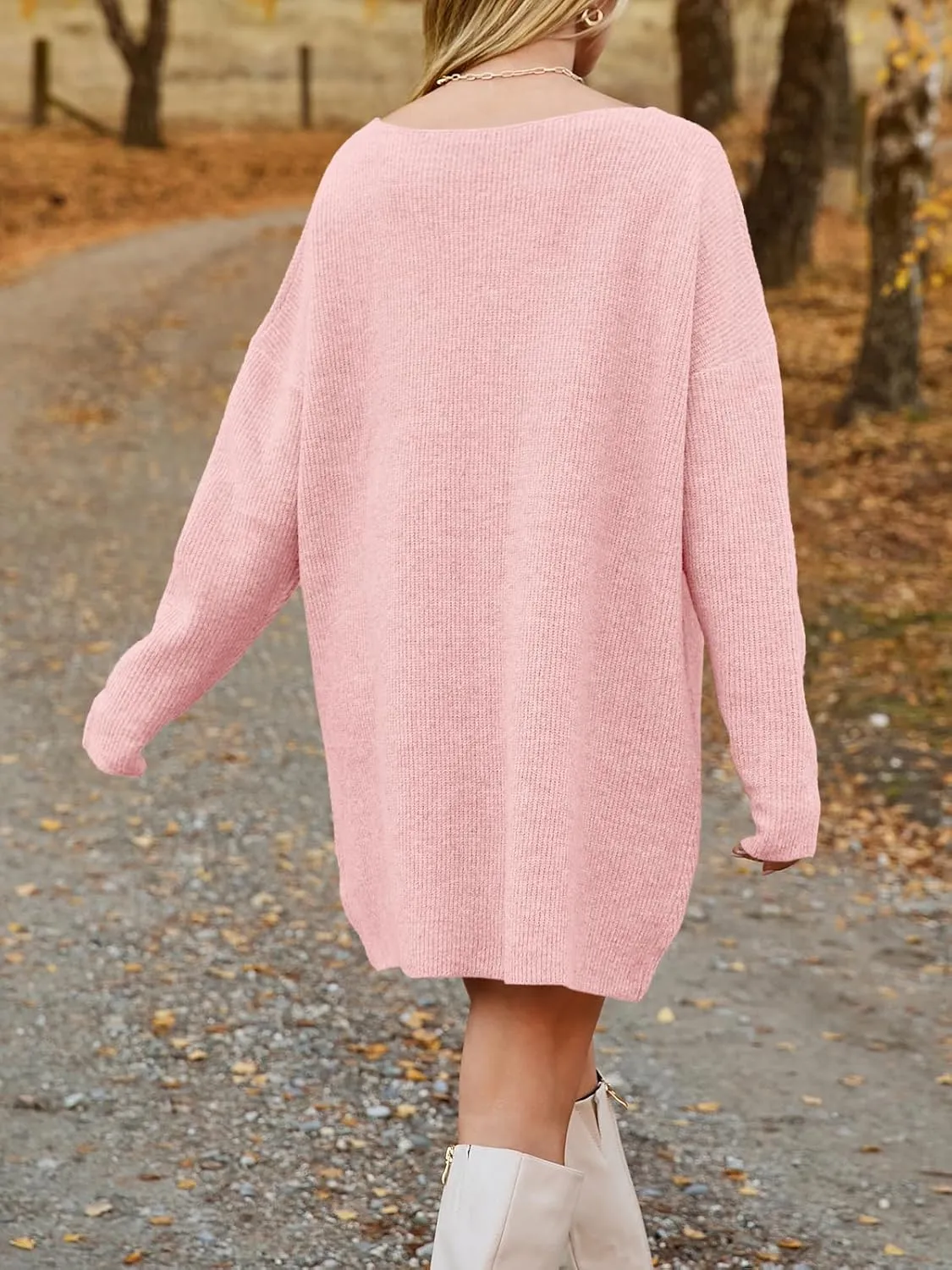 Saodimallsu Womens Oversized Sweater Dress Fall V Neck Long Sleeve Ribbed Knit Casual Loose Mini Pullover Dresses