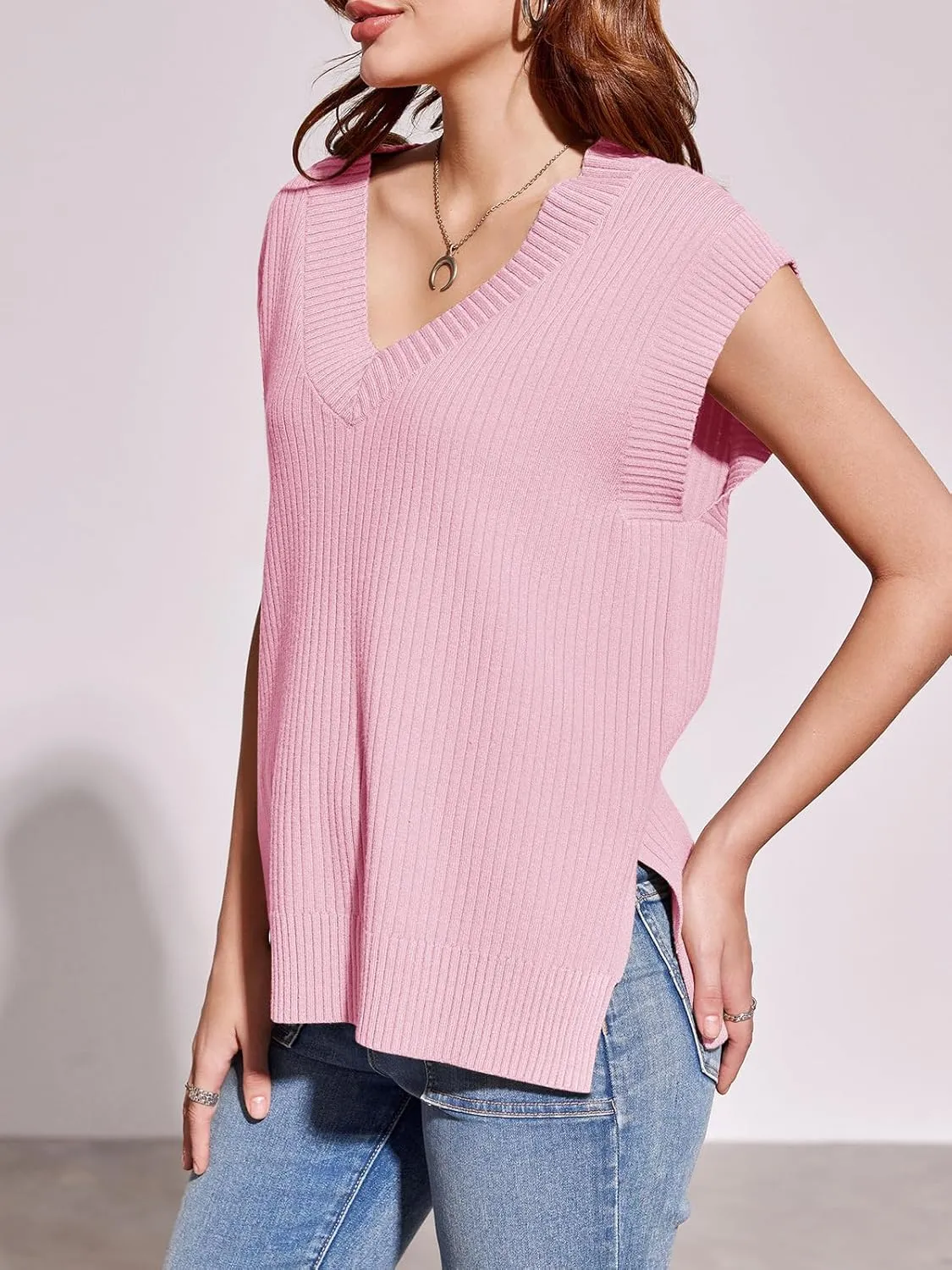 Saodimallsu Womens V Neck Sweater Vest Oversized Ribbed Knit Sleeveless Casual Loose Fit Pullover Tank Top