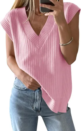 Saodimallsu Womens V Neck Sweater Vest Oversized Ribbed Knit Sleeveless Casual Loose Fit Pullover Tank Top