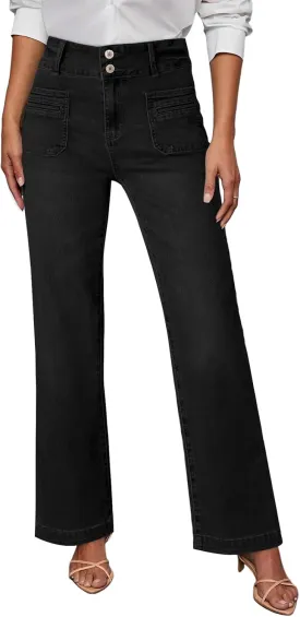 Sidefeel Women's Wide Leg Jeans High Waisted Tummy Control Stretchy Pockets Front Straight Leg Jeans