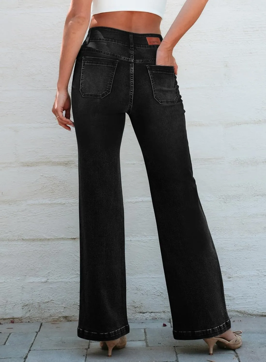 Sidefeel Women's Wide Leg Jeans High Waisted Tummy Control Stretchy Pockets Front Straight Leg Jeans