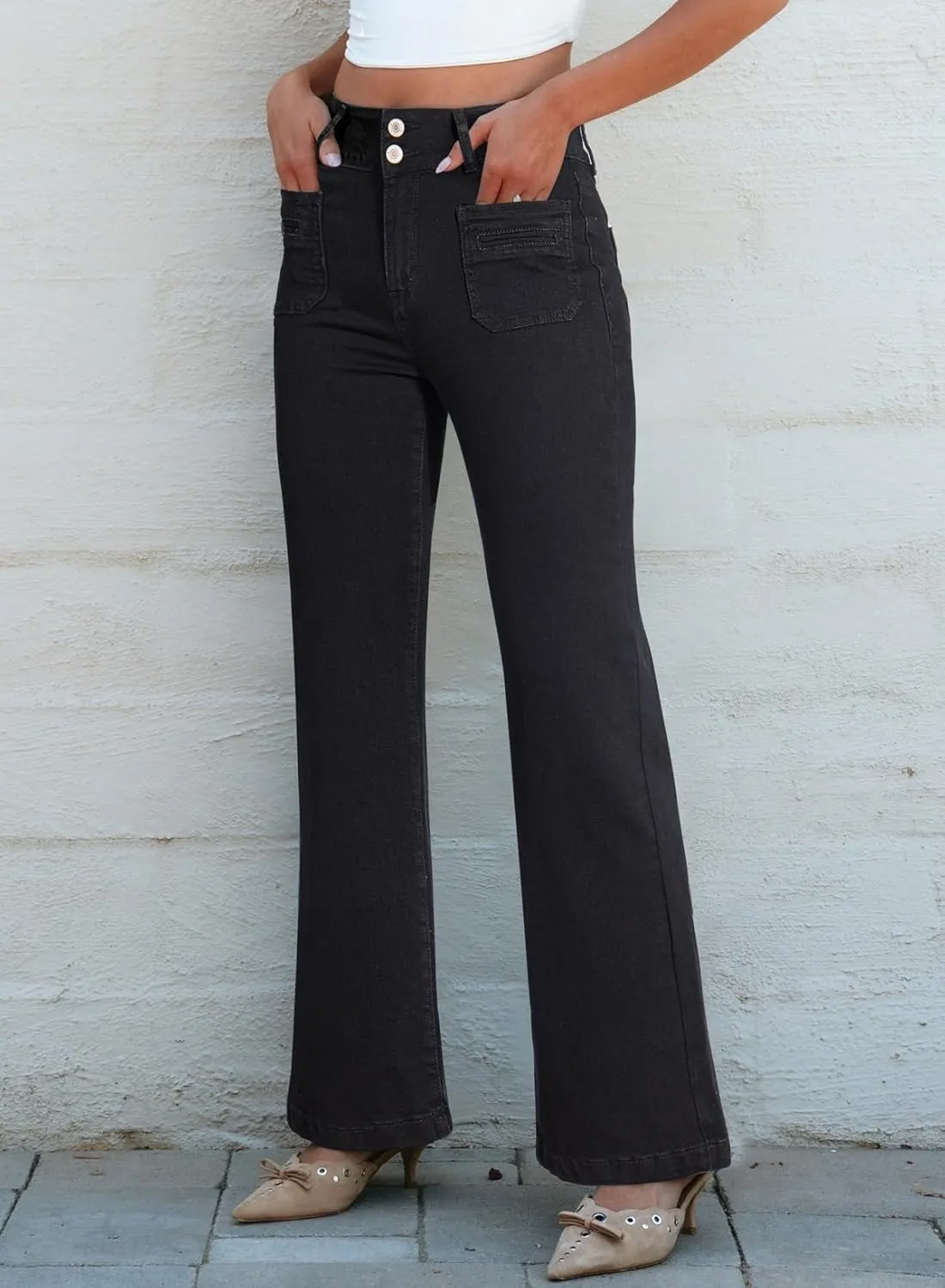 Sidefeel Women's Wide Leg Jeans High Waisted Tummy Control Stretchy Pockets Front Straight Leg Jeans