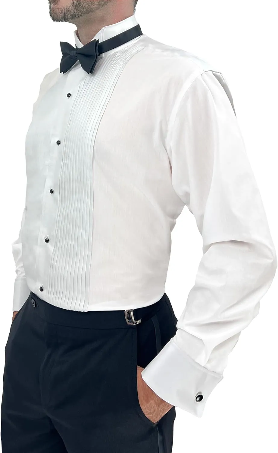 Sir Gregory Men's Fitted Tuxedo Shirt with Wing Collar French Cuffs and 1/4 Inch Pleat