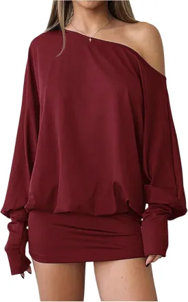 SOLY HUX Women's Long Sleeve Off The Shoulder Dress Y2k Mini Dress Streetwear Music Festival Outfits